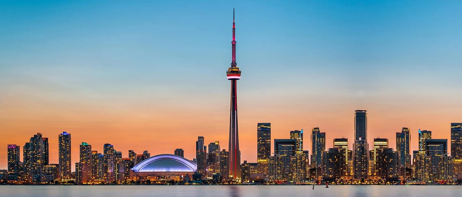 Toronto skyline at dusk with the CN Tower, Canada